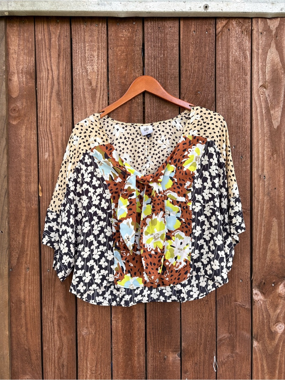 Cabi Animal Print Patchwork Bow Neckline Blouse